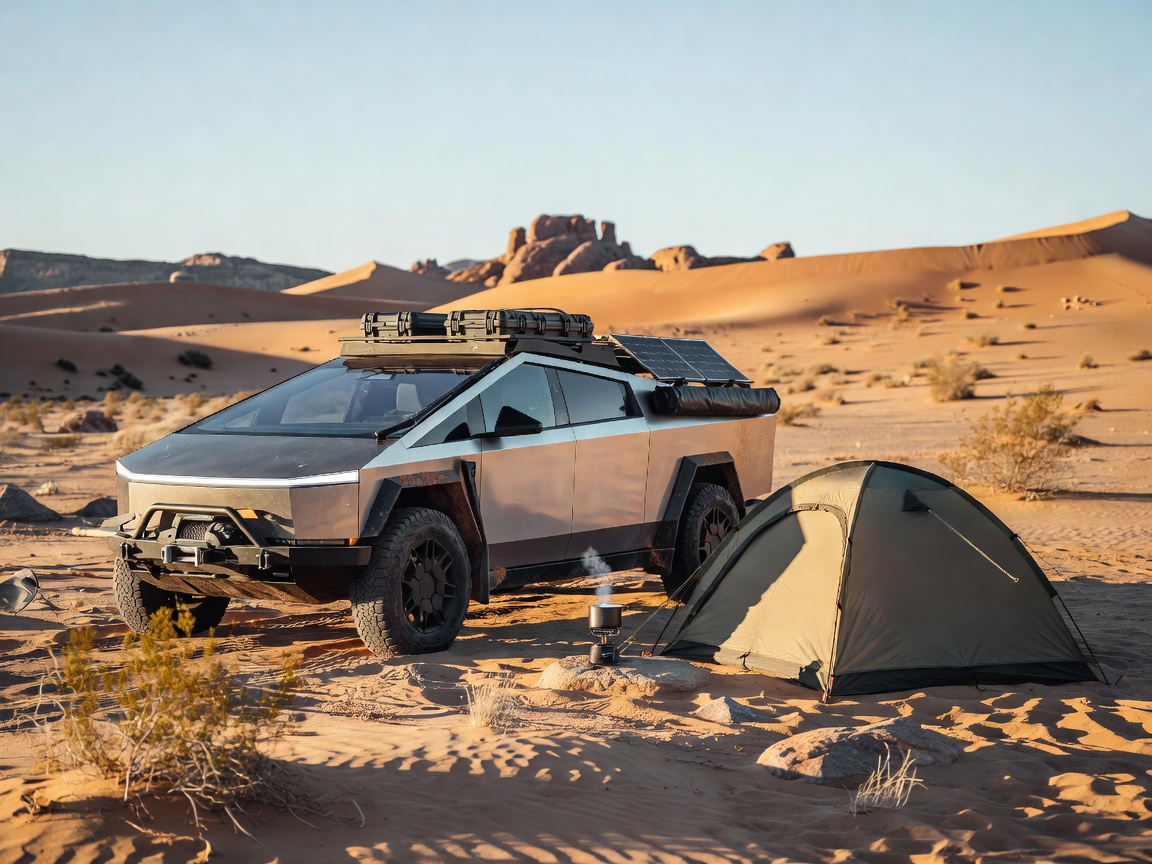 Rooftop camping setup on futuristic off-road truck in desert night