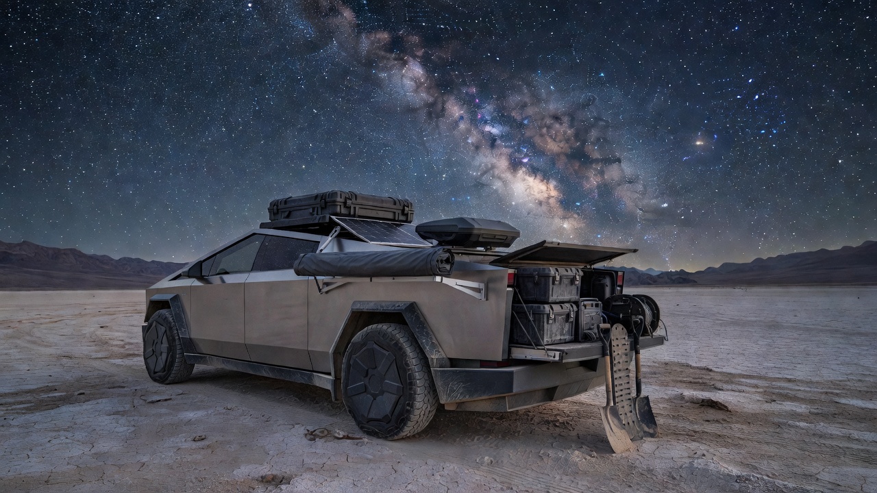 Cybertruck overland setup under night stars in Death Valley