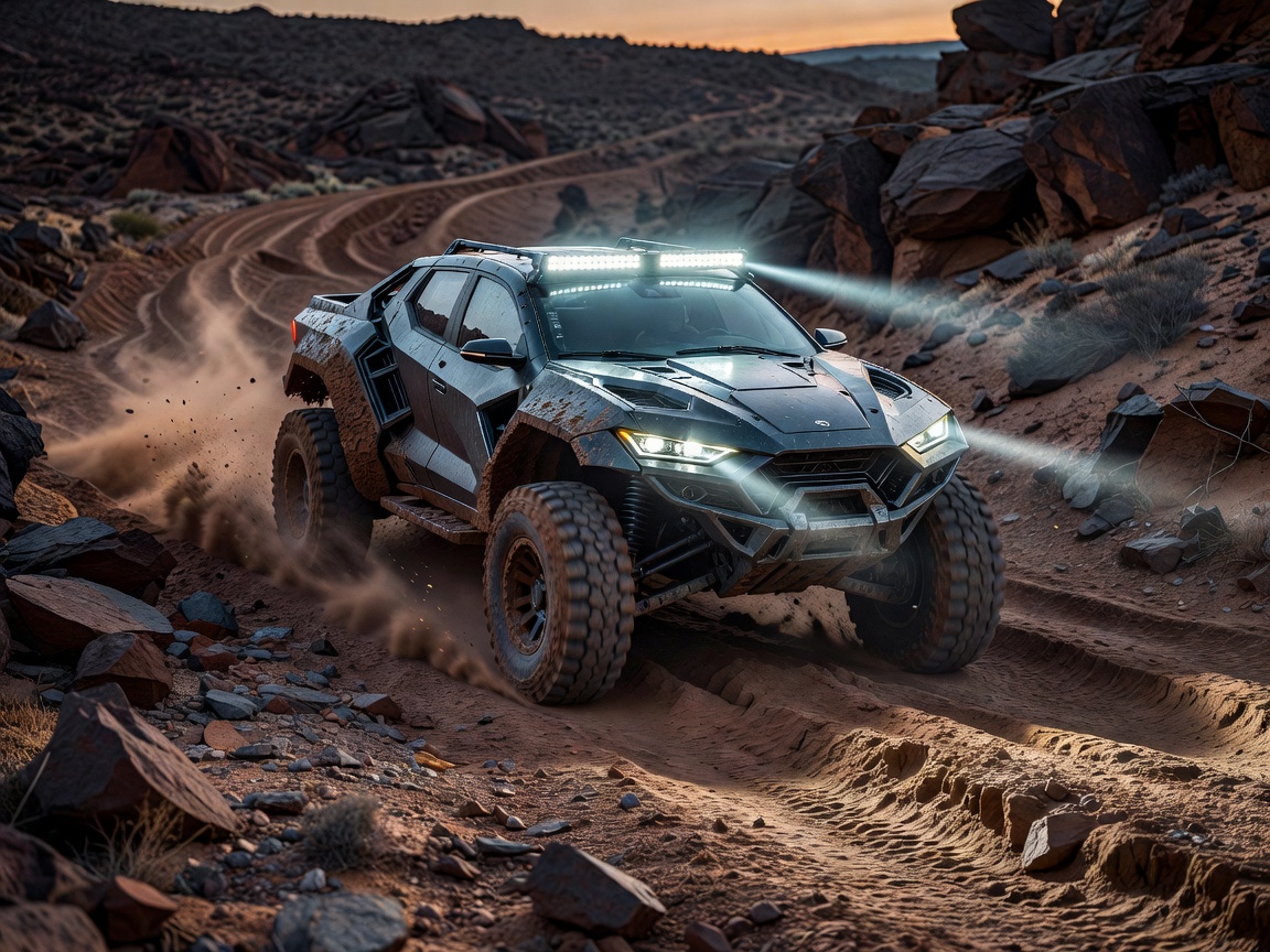 Modified futuristic pickup truck in offroad terrain with tactical LED lightbar
